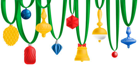 Vector Christmas, New Year s Set illustration with green ribbon on which holiday toys in the form of snowflakes, icicles, cones, stars, ball, etc. are suspended. 3D. Bright colors. Horizontal format.の写真素材