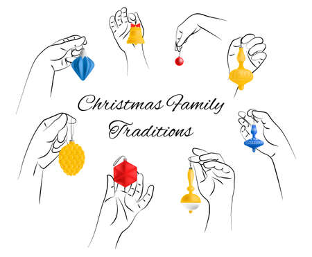 Vector illustration of mixed 3D and linear style with hands holding a variety of retro toys. Concept celebrating Christmas, New Year with family, family traditions. There is an empty space for text.のイラスト素材