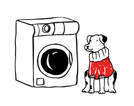 Vector linear doodle illustration with a Dog Sitting next to a Washing Machine and Waiting for Clean, Washed Clothes. Concept Laundries, Laundry Care. You can use element in web design, banners, etc.のイラスト素材