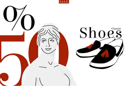Vector illustration layout advertising shoe store discount of 50 percent. Sculpture is painted as a sign of classics and loafers. It can be used in landing page design, signage, discount cards, etc.のイラスト素材