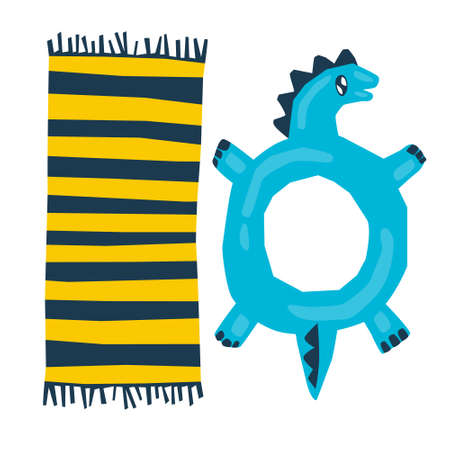 Vector flat illustration with a beach mat and an inflatable dragon ring. The concept of beach holidays, tourism, travel. You can use the element of web design, banners.のイラスト素材