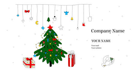 Vector template, business card layout for New Year, Christmas theme. A Christmas tree decorated with toys and a garland, gift boxes are drawn, there is an empty space for personal data.のイラスト素材