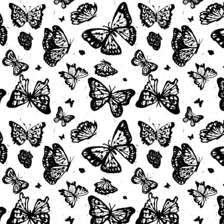 Vector linear drawn doodle pattern seamless on craft white paper. Flying butterflies of different sizes and shapes are drawn. Concept the design of fabrics, wallpaper, background, etc.のイラスト素材