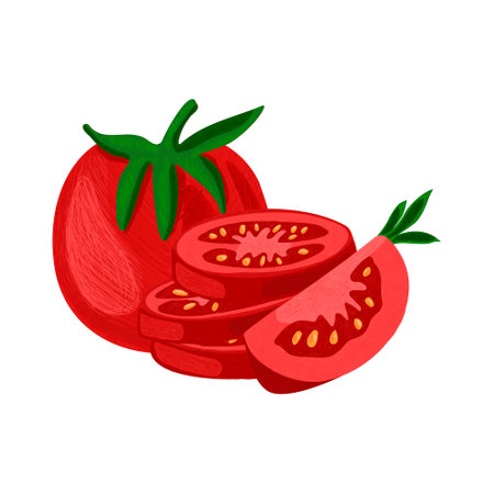 Vector isolated illustration with set tomatoes in different states. There are sliced, whole vegetables, pieces. Concept nightshade family, food, vegetable, organic, natural food.のイラスト素材