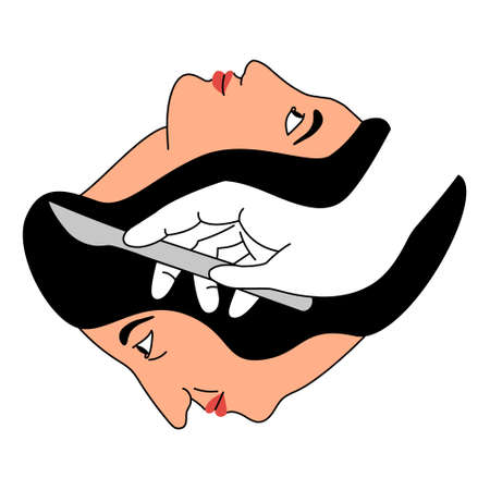 Vector abstract illustration with two faces young and with age related changes and a surgeon s hand holding scalpel during surgery. Concept plastic surgery, facial reconstruction, rejuvenation, beautyのイラスト素材
