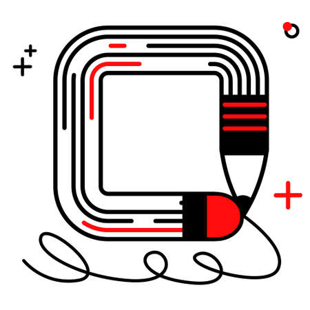 Vector abstract illustration for background design, text square frames, titles. Stationery, curved pencil with geometric shapes are depicted. Square format. It can be used in web design, banners, etcのイラスト素材