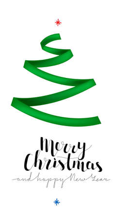 Vector simple 3d image postcard with shape of an abstract Christmas tree in form of folded wave green ribbon without decorations. Lettering Merry Christmas and happy New Year, little stars, snowflakesのイラスト素材