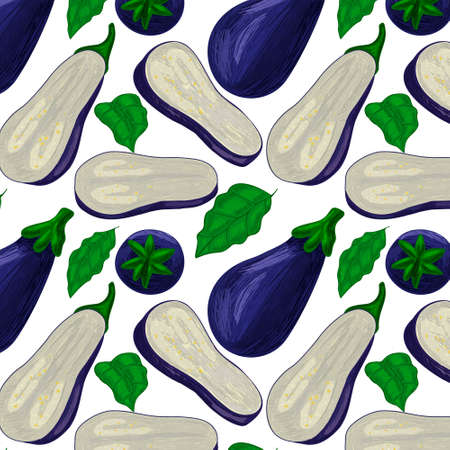 Vector pattern drawn strokes is seamless with set of eggplants in different positions, sliced, whole, eggplant leaves. Farm. It can be used for decoration of fabrics, wrapping paper. wallpaper, etc.のイラスト素材