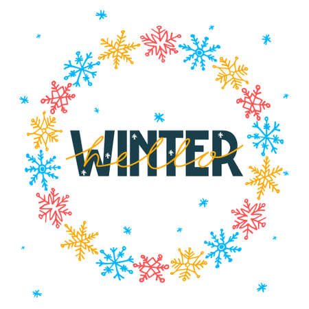 doodle illustration of round frame of snowflakesのイラスト素材