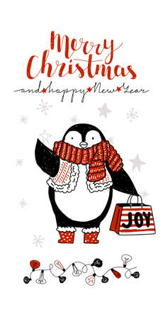 postcard layout with an image of penguin with giftのイラスト素材