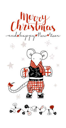 postcard layout with an image of a mouse with giftのイラスト素材