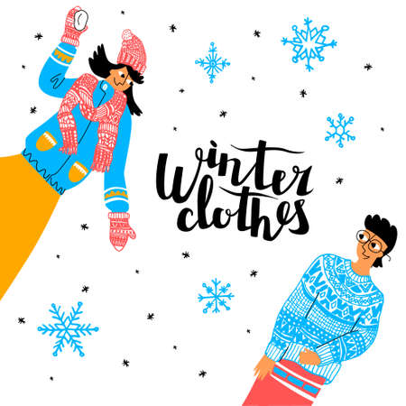 couple of a woman and man playing snowballsのイラスト素材