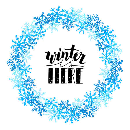 lettering of text Winter is here in round frameのイラスト素材