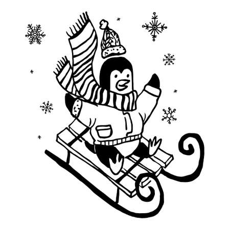 Vector linear doodle in black and white, BW illustration on the theme of the Winter Season, Christmas, New Year. A penguin is depicted riding down on a sledge. Snowflake background.のイラスト素材