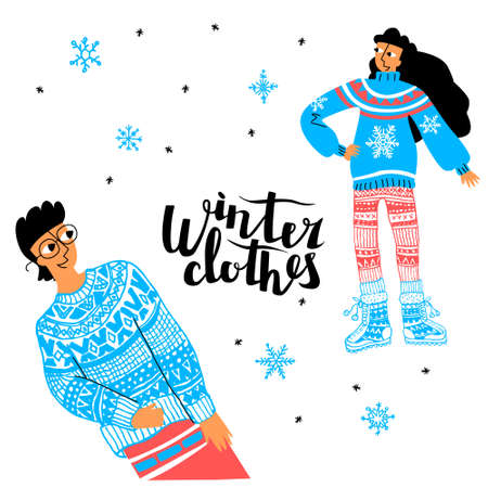 Vector illustration is flat on theme of winter season, clothing, fashion. It depicts a young couple of joyful men and women in warm clothes, sweaters. Lettering winter clothes. Falling snowflakes.のイラスト素材