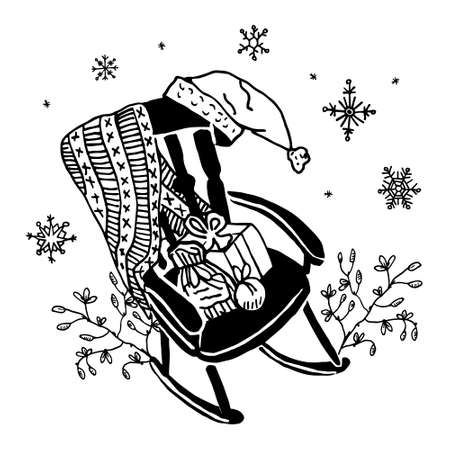 Vector linear doodle illustration on theme of Winter Season, celebration of Christmas, New Year. It depicts rocking chair with blanket, gift boxes, Santa Claus hats, tree branches, falling snowflakes.のイラスト素材