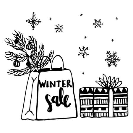 Vector illustration the theme of the winter season, holidays. A gift bag, Christmas tree branch decorated with balls and box with bow are depicted. Background of falling snowflakes.のイラスト素材