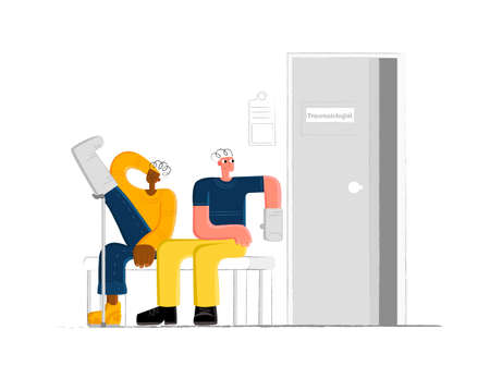 Vector mixed flat, linear illustration with injured patients, broken limbs who are waiting for their turn in front of door traumatologist office. Concept treatment, health, doctor appointments.のイラスト素材