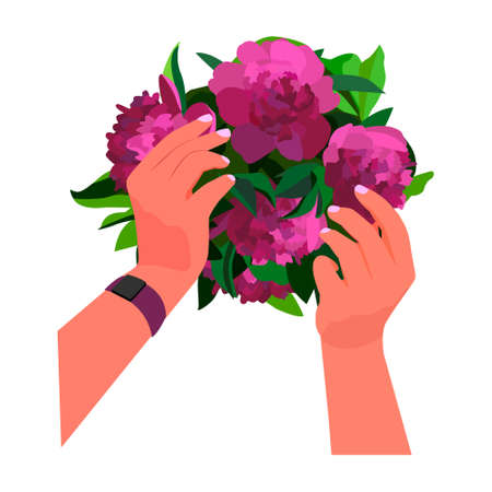 illustration with hands holding bouquet of peoniesのイラスト素材