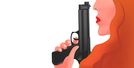 female shooter, killer who holds gun near her lipsのイラスト素材