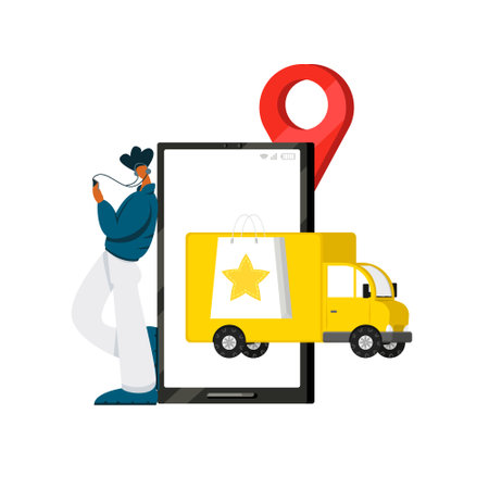 enlarged mobile phone which depicts delivery truckのイラスト素材
