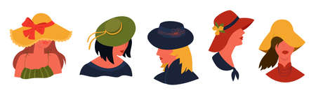 Vector set of women s heads with hats on them.のイラスト素材