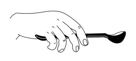 linear illustration with a hand holding a spoon.のイラスト素材