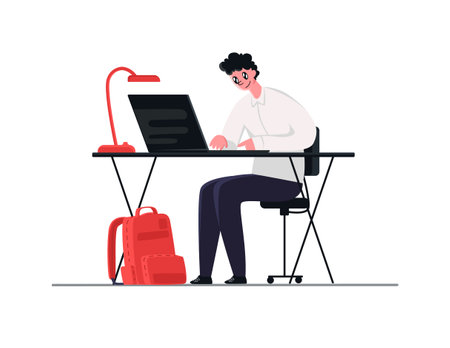 teenager studying online on laptop at deskのイラスト素材