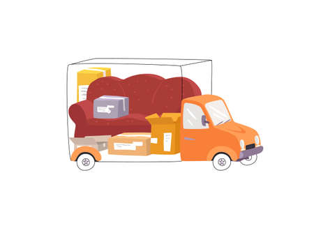 Vector image with a truck and boxes of furnitureのイラスト素材