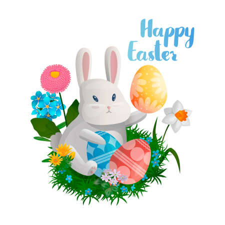 Vector image with an Easter bunny holding eggsの写真素材