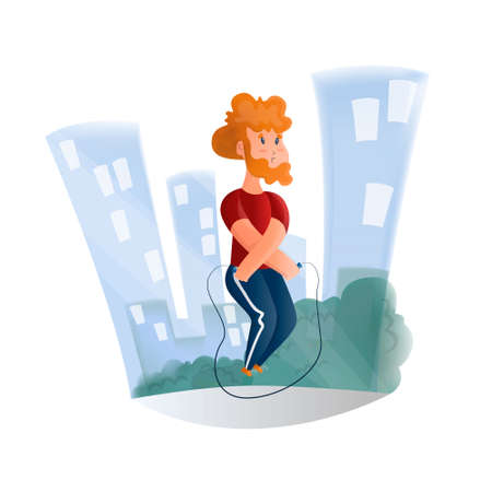 Vector illustration with a young man jumping ropeのイラスト素材