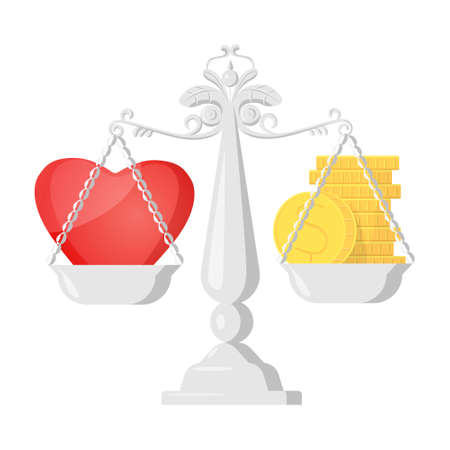 Vector isolated illustration of scales with bowls on which a heart and a stack of gold coins. Concept choice, balance, love and calculation, etc.のイラスト素材