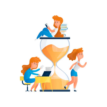 Vector illustration with an hourglass symbol and a woman's character in daily worries, routine. The concept of time management, planning.のイラスト素材