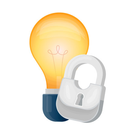 Vector isolated illustration with a patented idea in the form of a light bulb, protected by barn lock. Concept of intellectual property protection.のイラスト素材