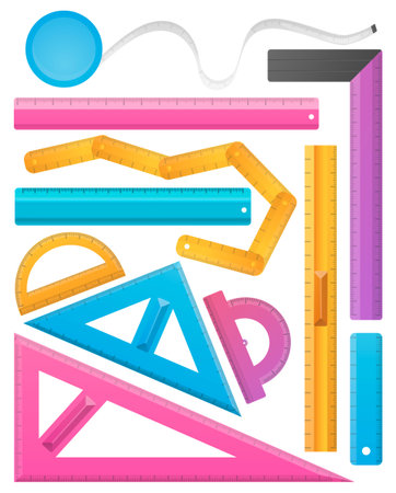 Vector illustration with a set, a collection of student and professional measuring instruments. Rulers, ruler roulette, protractors, etc. are depicted.のイラスト素材