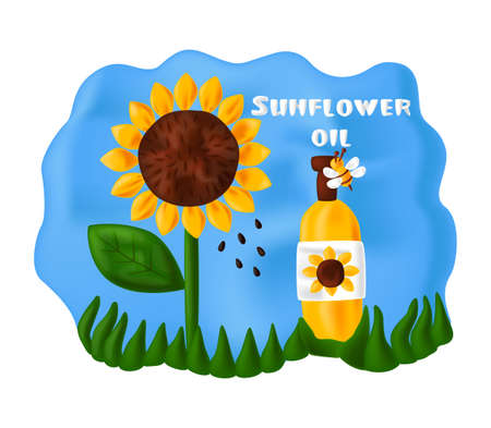Vector illustration with organic, natural sunflower oil in a bottle and sunflower. against the background of nature. The concept of products, food. plastic style.のイラスト素材