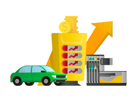 Vector Illustration with gas station, car and a scoreboard with an Arrow pointing upwards, stack of Gold Coins, Money. The concept of rising gasoline prices, high cost. Web design, banners, etc.のイラスト素材