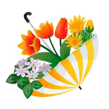 Vector isolated beautiful illustration with an umbrella inside which spring flowers grow. The concept of springtime, romance. It can be used for the design of postcards, banners, etc.のイラスト素材