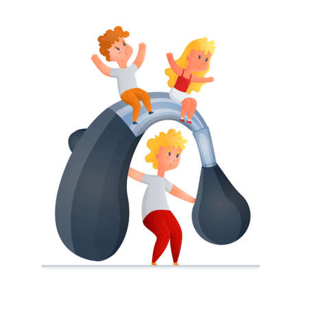 Vector illustration enlarged hearing aid on which children are sitting. Concept treatment of hearing loss, deafness in children, pediatrics. You can use in design of posters, banners, web design, etc.のイラスト素材