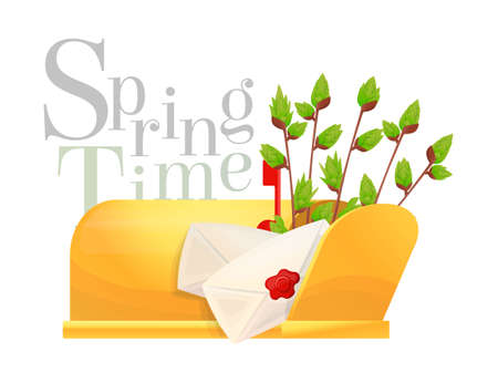 Vector isolated illustration yellow vintage Open Mailbox, in which Willow branches with budding buds, letters. There is place for the text. It's springtime. You can use the element in web design, etc.のイラスト素材
