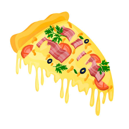 Vector isolated illustration of juicy, fresh slice of Italian pizza with ham, cheese, tomatoes, olives, crispy crust. Concept traditional Italian slices, snacks, fast food. You can use in web design, etcのイラスト素材