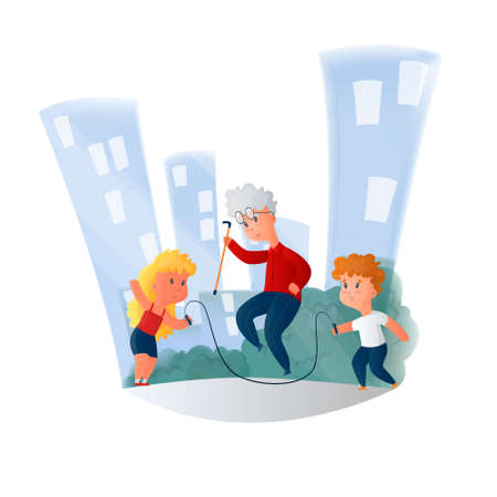 Vector isolated illustration with children and an old man jumping rope. Background of city houses, skyscrapers. The concept of a healthy lifestyle, activity in old age, recreation for the elderly.のイラスト素材