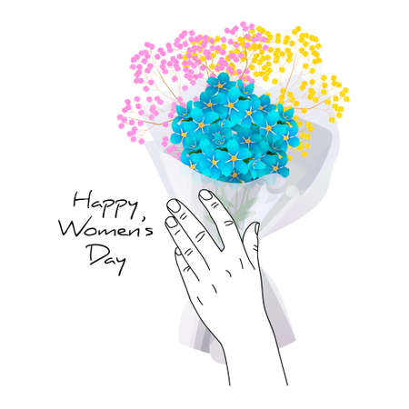 Vector illustration bouquet of spring flowers held by linear hand. Concept of Valentine's Day, congratulations, International Women's Day. You can use element in postcards, banners, web design, etc.のイラスト素材