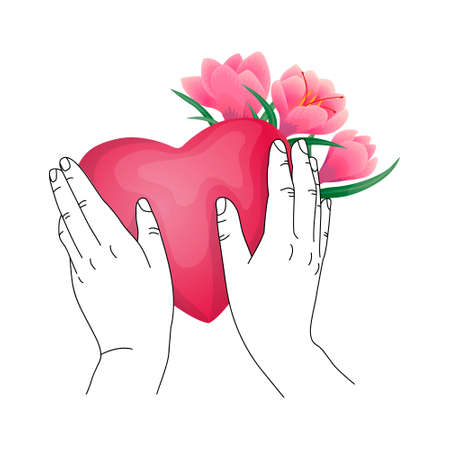 Vector isolated illustration with a heart and flowers and hands holding it. The concept of Valentine's Day, love, symbol, etc. You can use the element in web design, postcards, banner, etc.のイラスト素材
