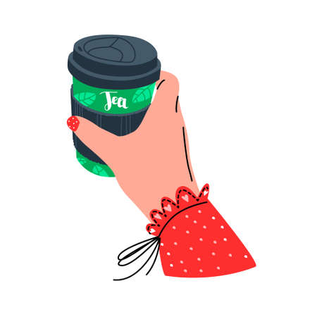 Vector isolated illustration with a female hand holding a paper cup of tea. The concept of beverages, drinks, tea. You can use the element in web design, flyers, etc.のイラスト素材