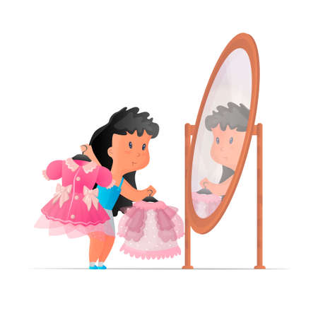 Vector isolated illustration with a young woman, girl who tries on outfits at mirror, in dressing room. The concept of clothing, beauty, fashion, etc. It can be used in web design, banners etc.のイラスト素材