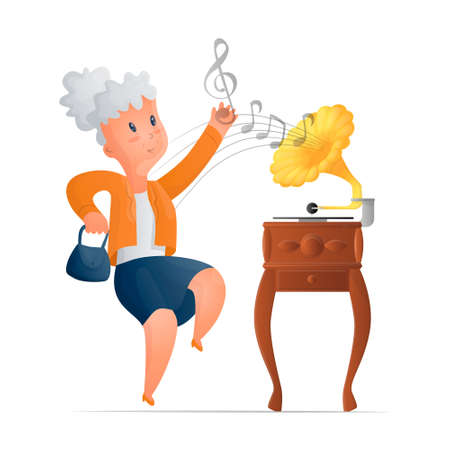 image of an elderly woman dancing to a gramophoneのイラスト素材