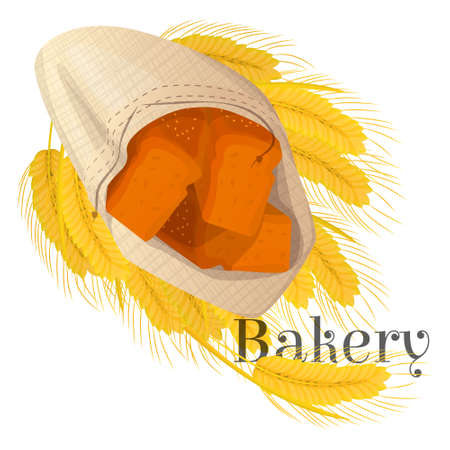 Vector isolated illustration with bread in shapes of rectangular, in sack on background some ears wheat. Concept of bakery, agricultural product, farmers.のイラスト素材