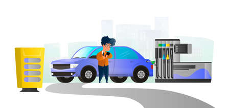 Vector cartoon illustration of man with car on gas station who are paying for petrol online. He is also looking at tablo with prices. Concept of paying for petrol online, modern technology.のイラスト素材