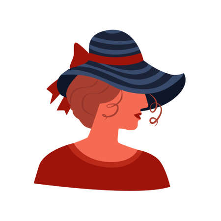 Vector isolated illustration with profile of a woman's head in an elegant hat with a wide brim. The concept of women hats.のイラスト素材
